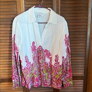Coldwater Creek White Button-Down Shirt with Pink & Green Paisley Border